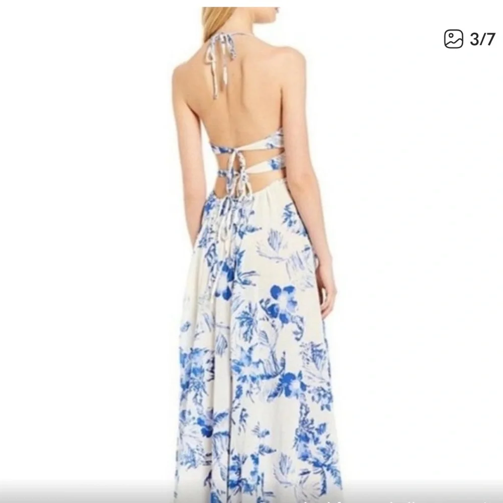 Free People Lille Floral Halter Maxi Dress in Blue and White